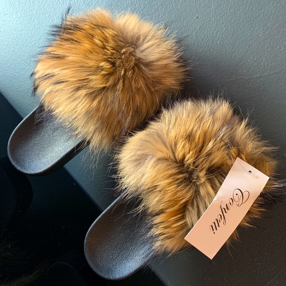 Black/Brown Authentic Raccoon Fur Slides